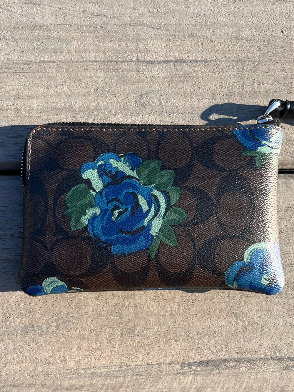 Coach; Brown Monogram; Blue Painter Style Floral; Corner Zip Wristlet; 6x4in - Picture 2 of 11